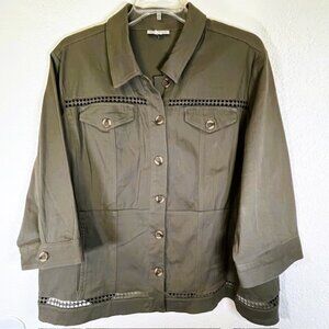 Westport Plus Size Khaki Green 3/4 Sleeve Jacket w/ Macramé Trim- Size 3x